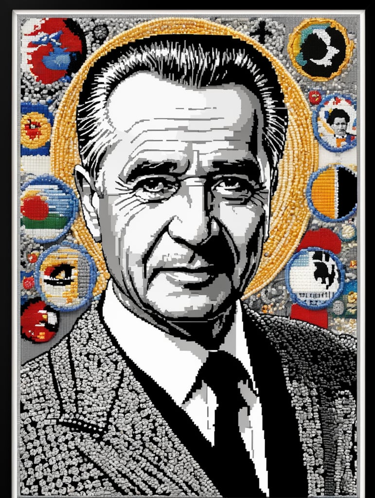 cross stitch pattern with nicolae ceausescu in the style of fujifilm natura 1600, white and black, expressive comic panels, made of beads and yarn, craftcore, skillful, free brushwork