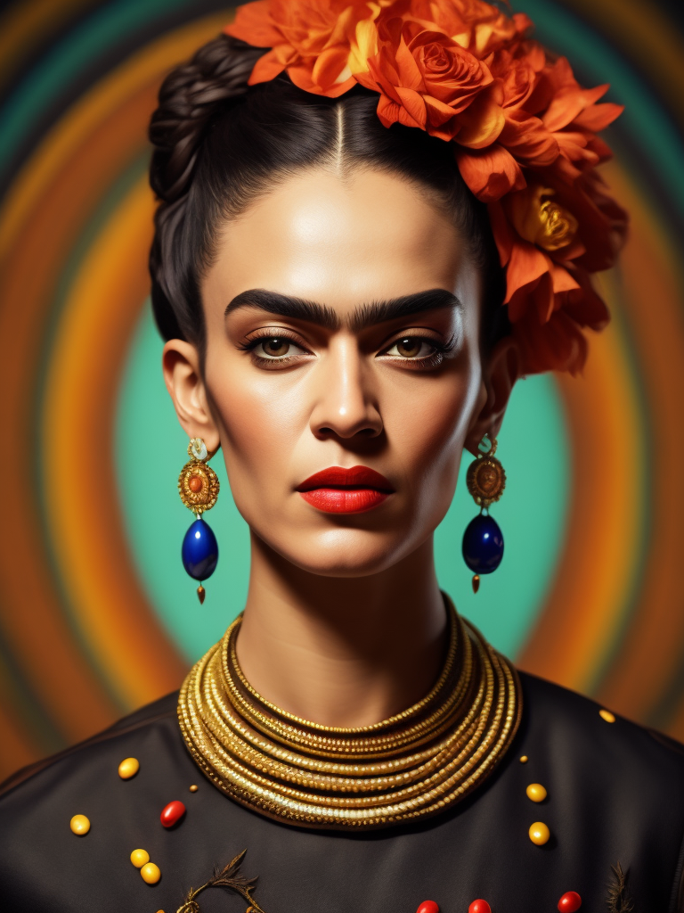Portrait of Frida Kahlo, bright and saturated colors, elegant, highly detailed, vogue, fashion magazine, sharp focus, bright expressive makeup, dramatic lighting, depth of field, incredibly high detailed, blurred background