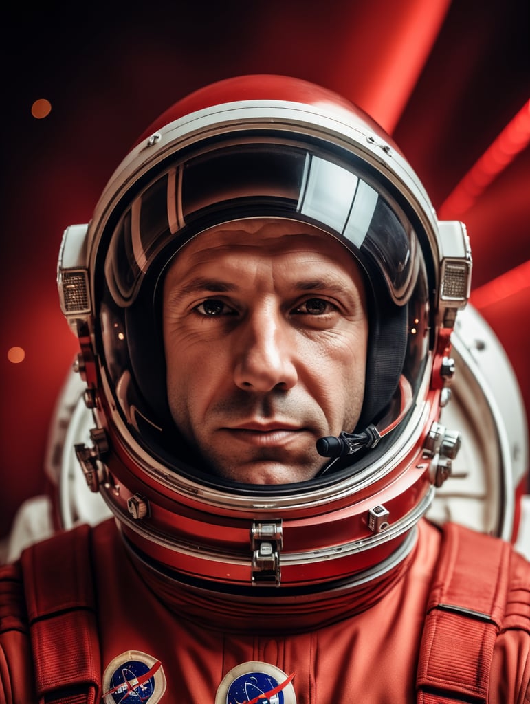 cosmonaut Yuri Alekseyevich Gagarin in a red space suit, a red space uniform