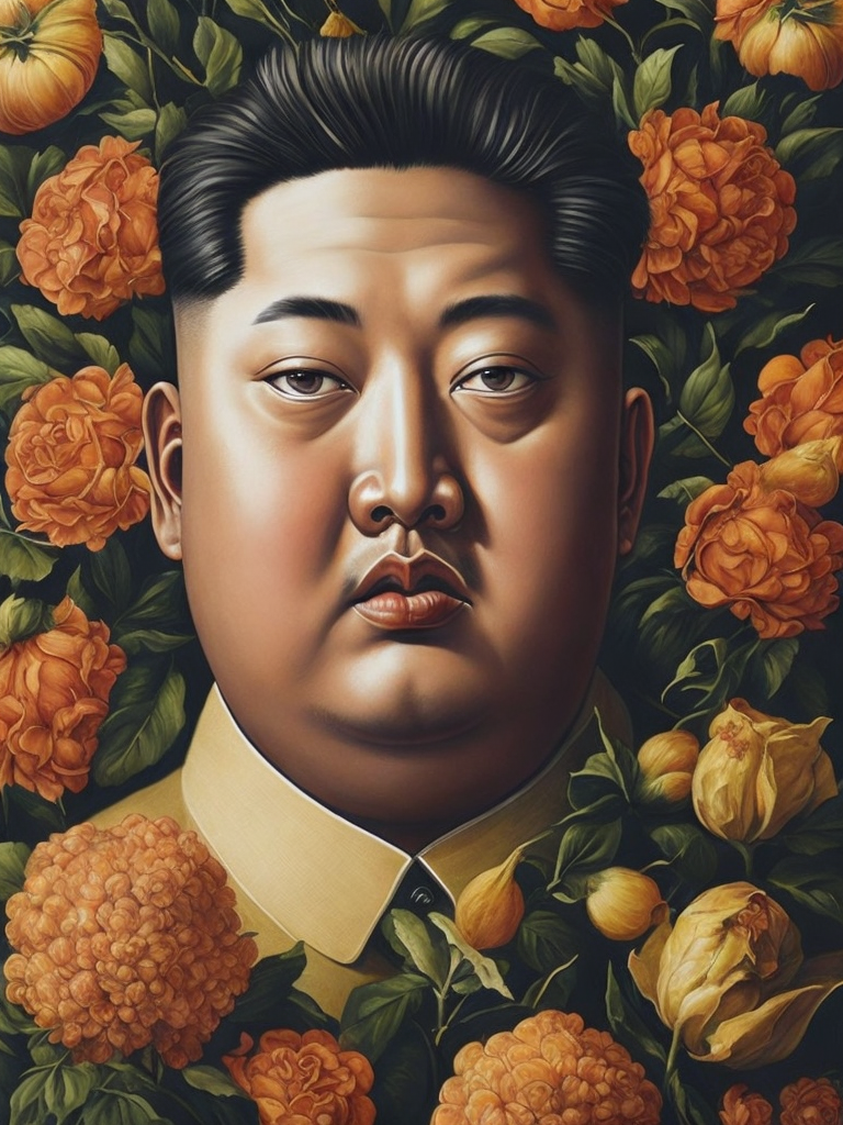 a painting of Kim Jong Un head surrounded by flowers and fruit, Painting, Oil, Still Life, Botanical, Italy, style of Giuseppe Arcimboldo
