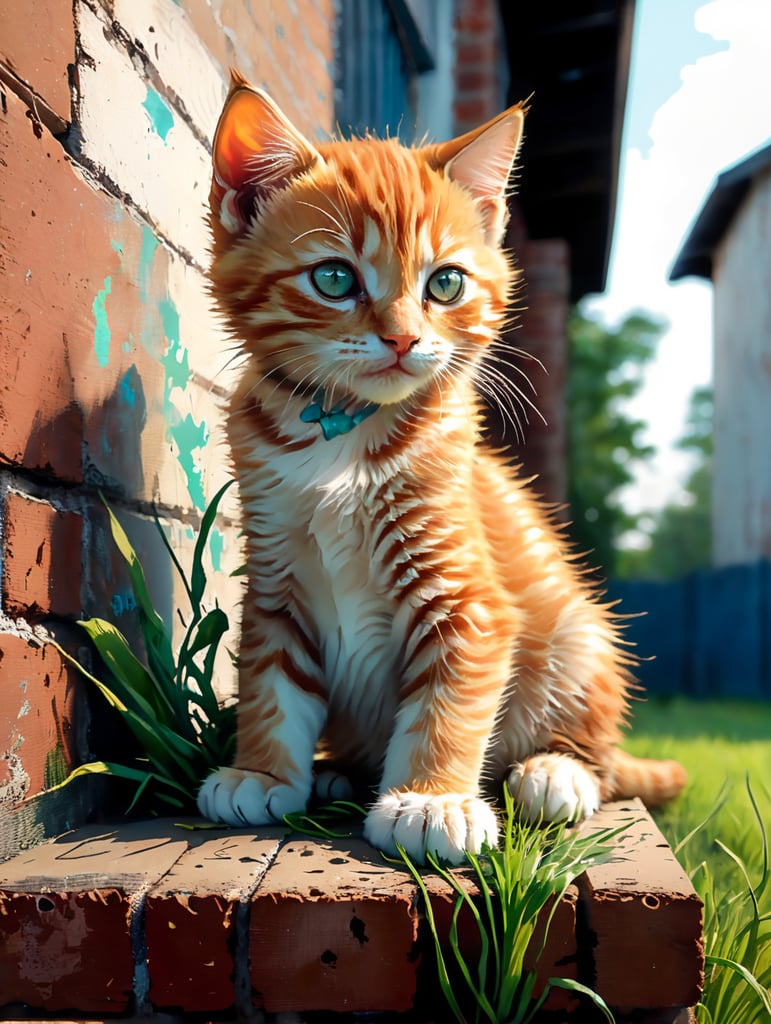 Ginger kitten sitting on top of a brick wall with a lawn underneath.