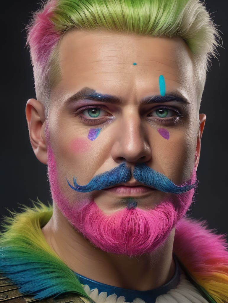 white blond man with make up in rainbow colors, black eyes, blue mustache, pink brows, green beard, realistic