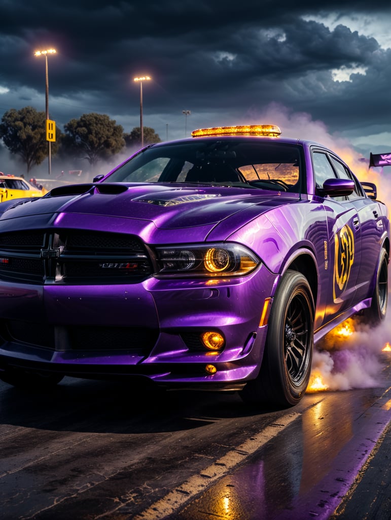 Souped up purple halloween dodge charger, drag racing death on a horse