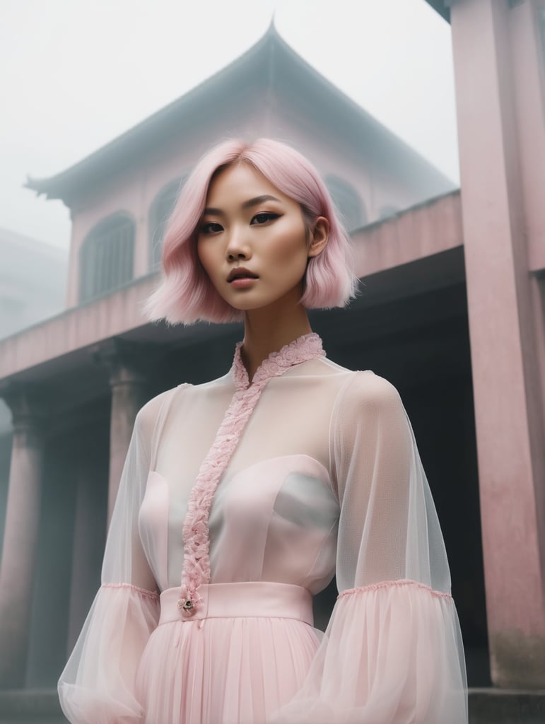 Portrait of haute couture beautiful asian fashion model with pale pink hair, ethereal dreamy foggy, photoshoot by alessio albi, editorial fashion magazine photoshoot, fashion poses, in front of brutalist building architecture. kinfolk magazine. film grain. a soft smile