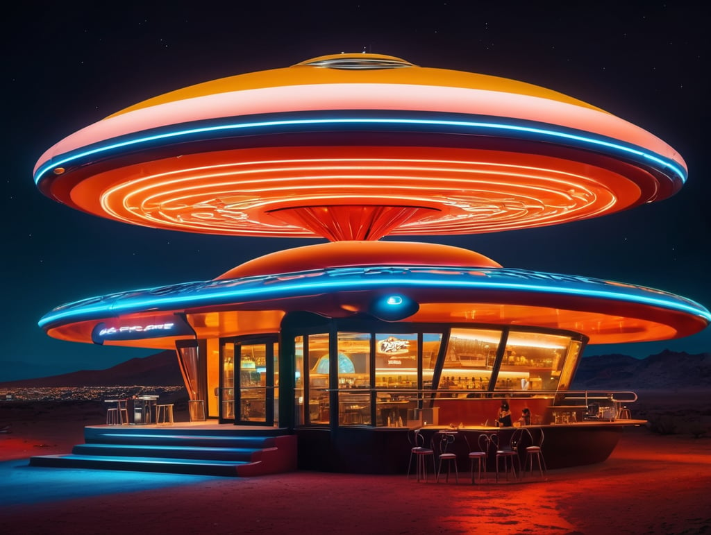 futuristic ufo cafe, mars, wasp shape, an night, neon, glass