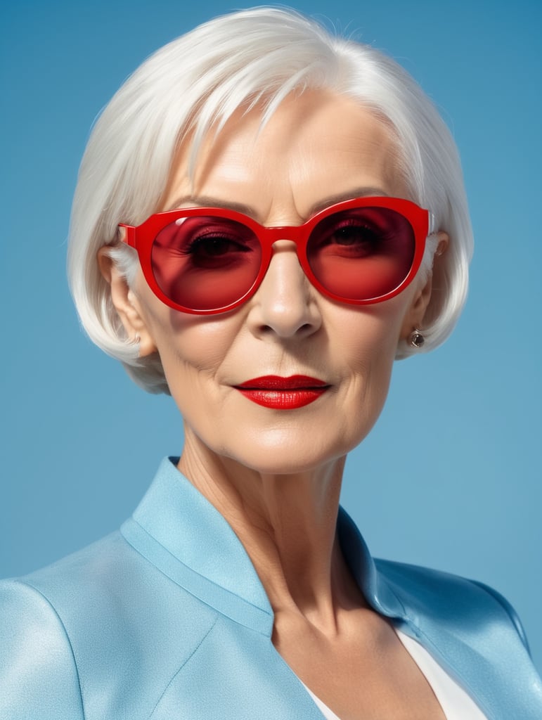 A portrait of a beautiful English older woman with white platinum short hair and big sunglasses, dressed all red, blue background, big cleavage, glamorous London portrait, highly realistic, women designer, very fashionable, colourful