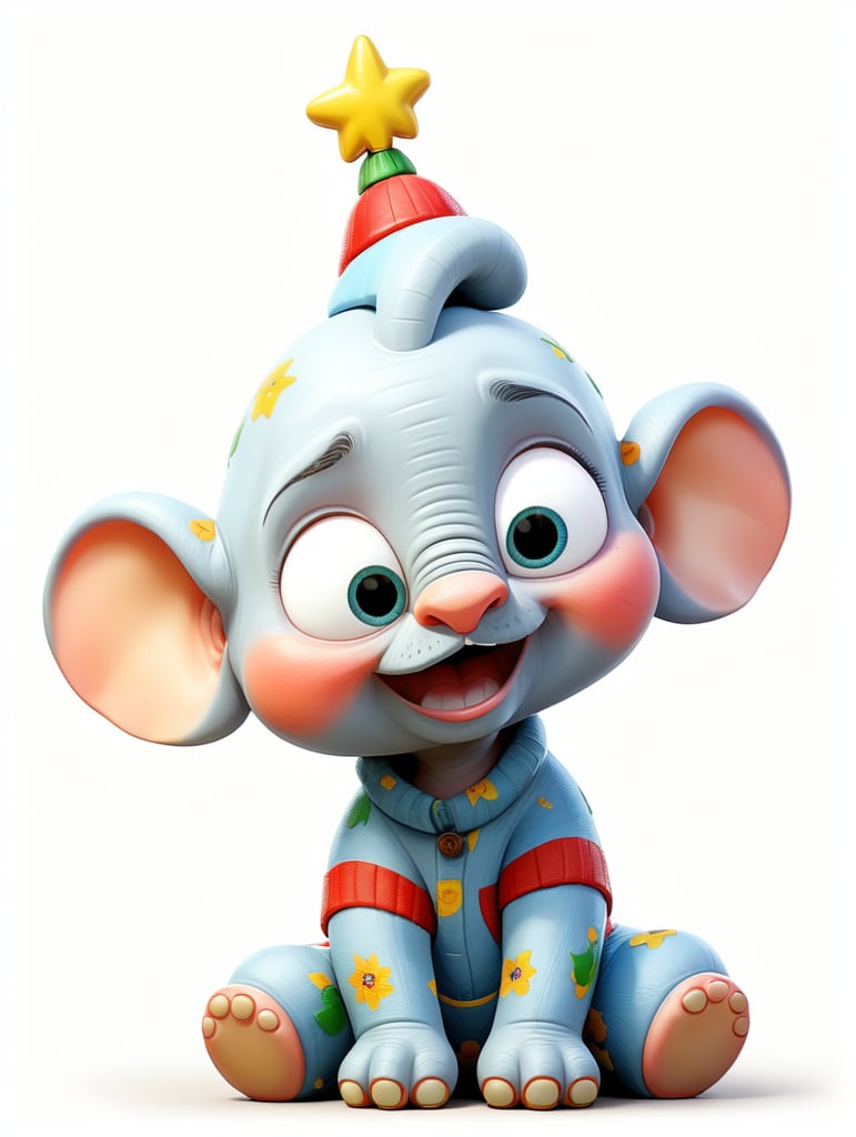 Christmas Baby Elephant Clipart, full body, on knees, in the style of Richard Scarry on white background