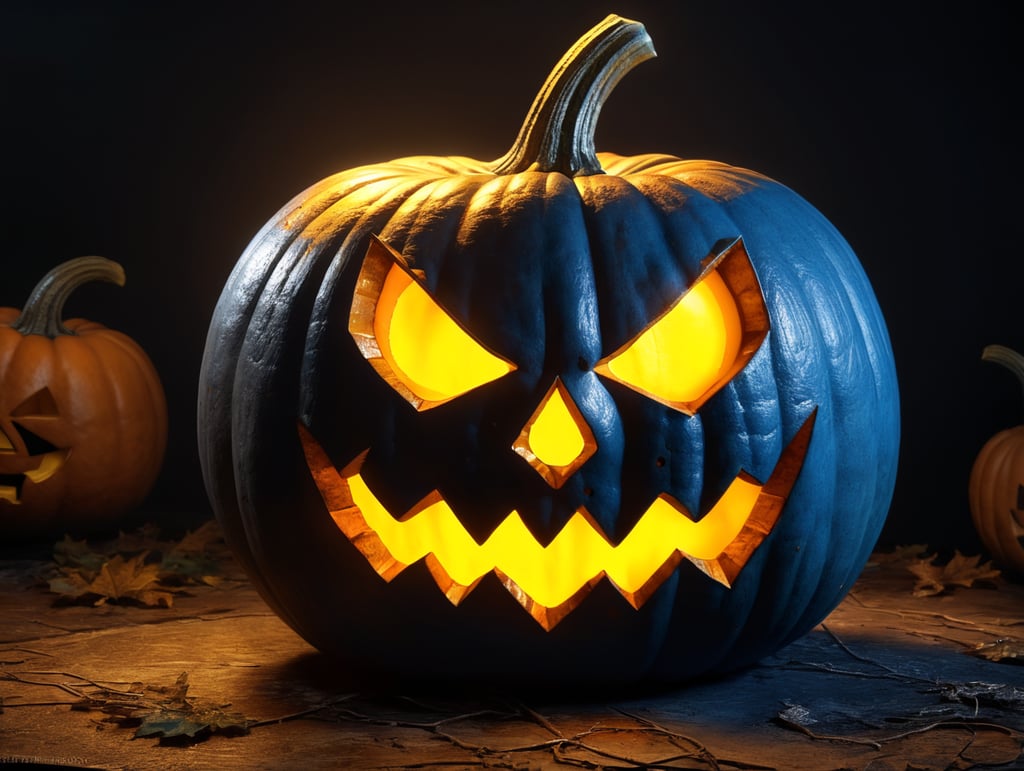 Halloween pumpkin with yellow warm light from inside and blue rim light