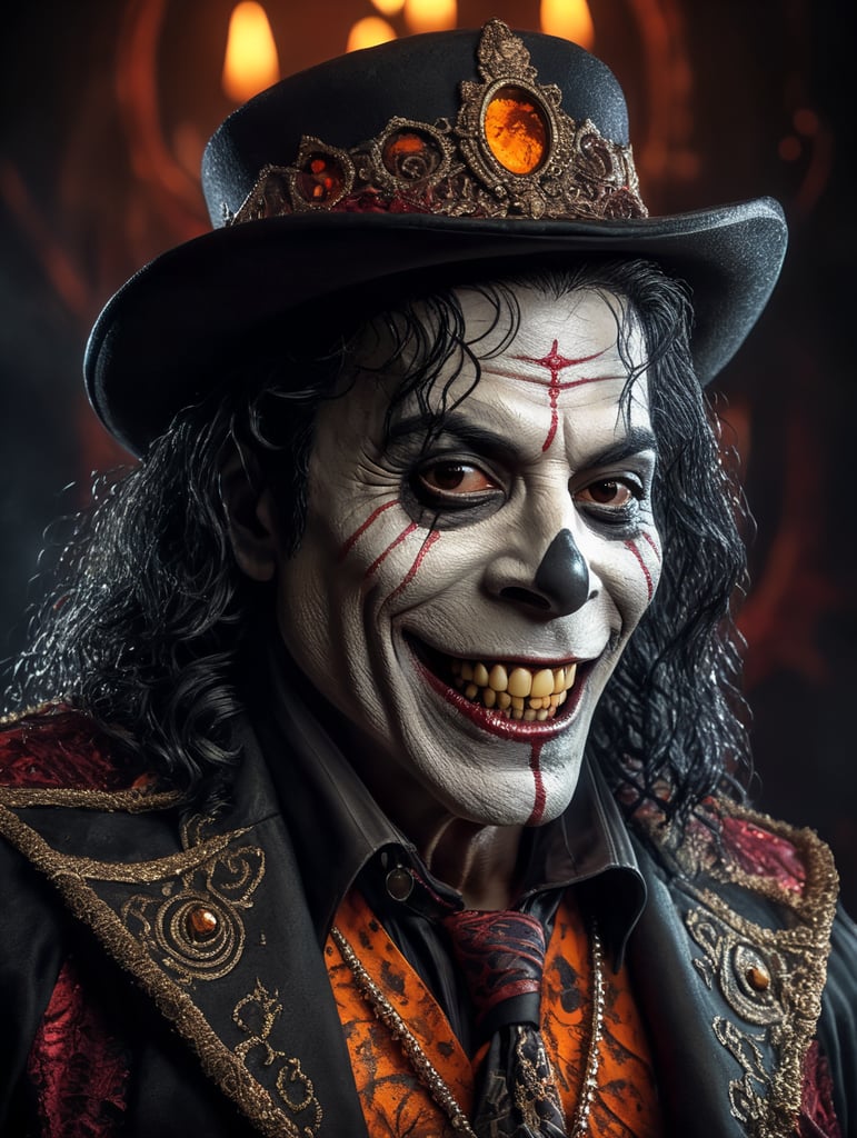 Old Michael Jackson as a creepy evil character wearing spooky Halloween costume, evil smile, creepy tiny nose, Vivid saturated colors, Contrast color