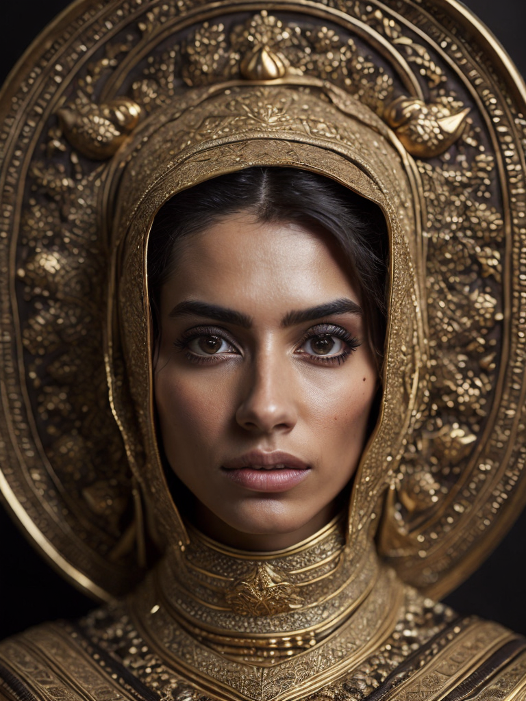 a photorealistic golden mage of a stunningly beautiful Emblem of The Middle Eastern unique cultural identities.extremely detailed, detailed symmetrical realistic face, natural skin texture, extremely detailed skin with skin pores, peach fuzz , wearing a masterpiece , absurdres, award winning photo by lee jeffries, nikon d850 film archival photography, kodak portra 400 camera f1.6 lens, extremely detailed, amazing, fine details, rich golden color, texture hyper realistic, spectacular lighting, unreal engine, trending on artstation, cinestill 800 tungsten, looking at viewer, realistic photo, RAW photo, TanvirTamim, high quality, high resolution, sharp
