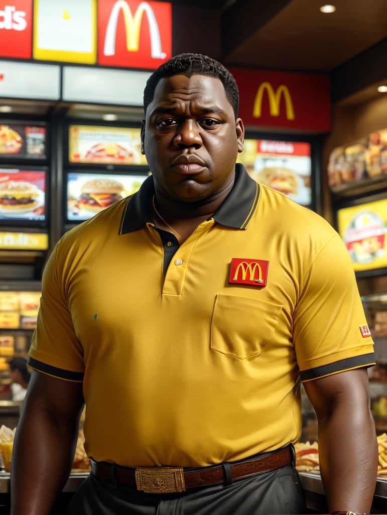 Biggie Smalls as a McDonald's worker. totally sweaty, yellow polo shirt