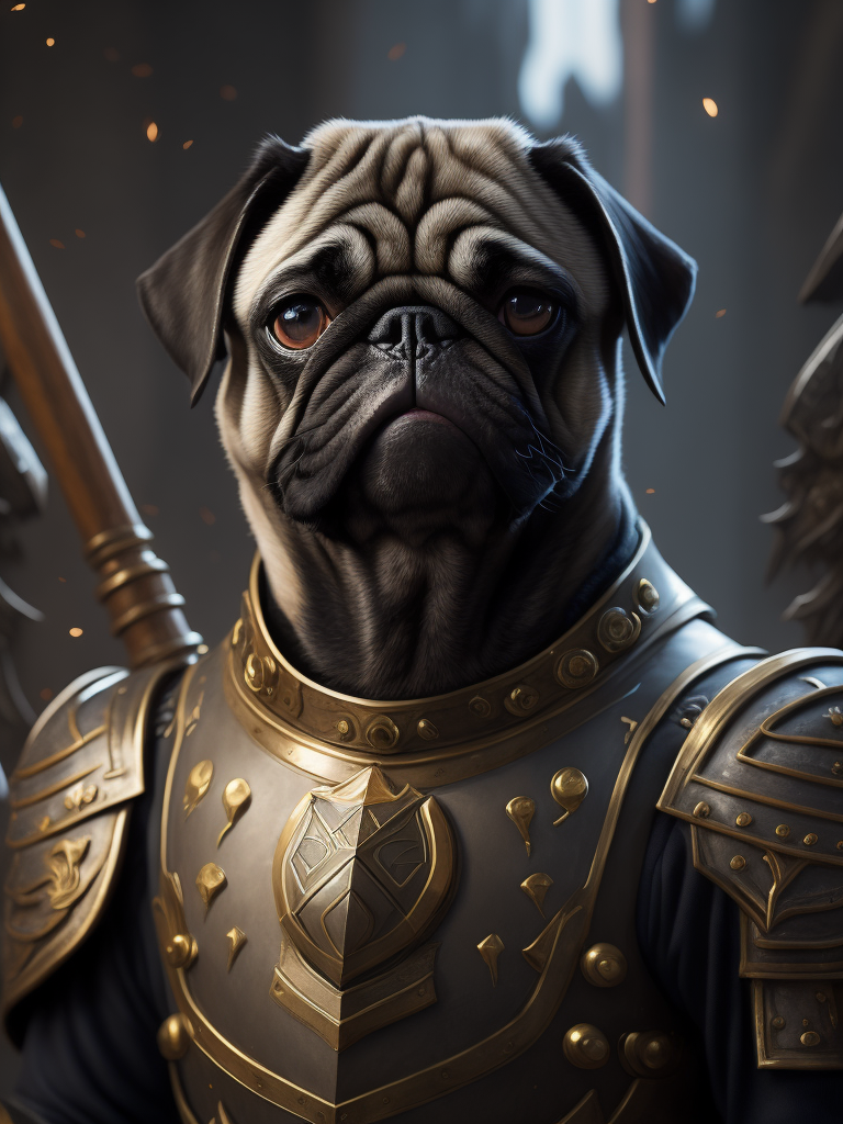 A detailed portrait of pug in armor with long magic staff illustrator, by justin gerard and greg rutkowski, digital art, realistic painting, dnd, character design, trending on artstation