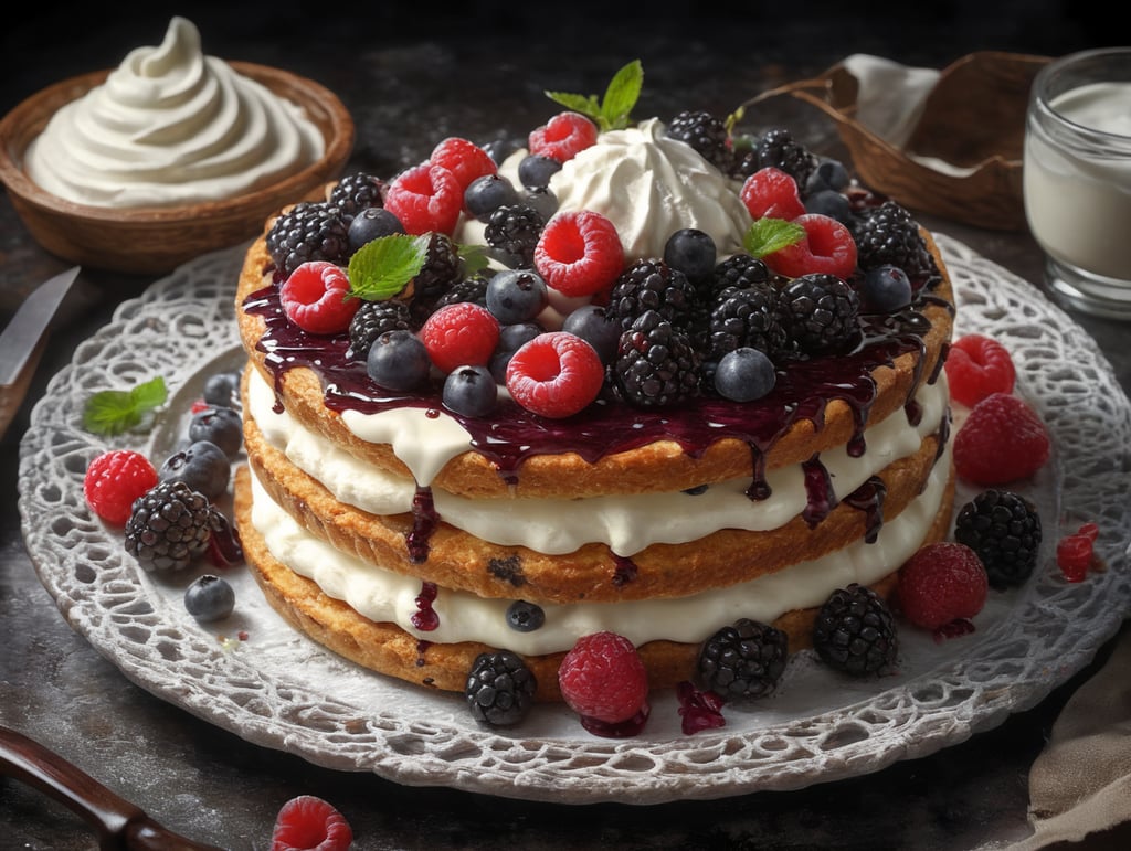 cake, flatbread with white cream and some wild berries