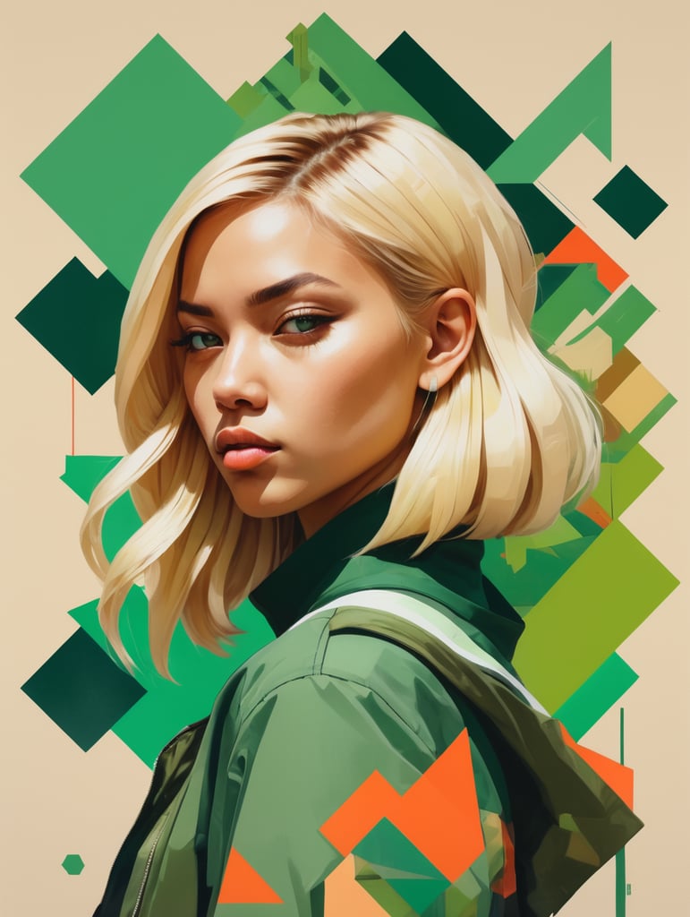 Abstract 1998 european blond hiphop girl by sachin teng x supreme, attractive, stylish, designer, green, asymmetrical, geometric shapes, graffiti, street art
