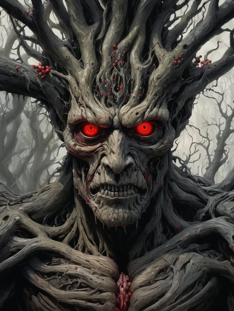 ultra detailed complex illustration of a corrupted humanoid plant, abstract, expressionism, oil paint, limited colors, eerie, creepy, nightmarish, bold colors, red eyes, black sclera, tree bark resembling human muscles and tendons, rotten, branches as hair, dark art by Mschiffer, ((full body))