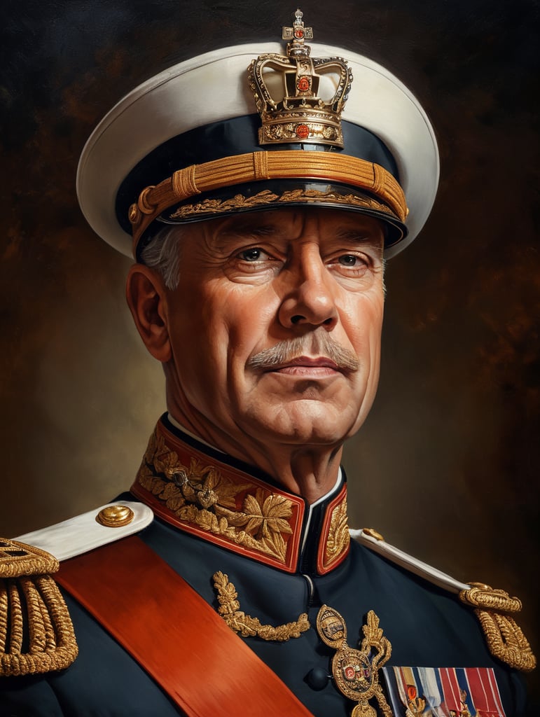 Vintage portrait painting of a royal in uniform. Replace the head with a large beer hop cone. Dramatic lighting.