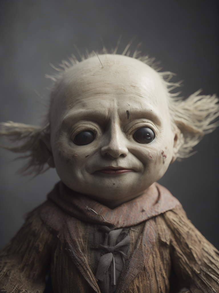 Putin as a voodoo doll with needles and spokes stuck in his body on a round stone table drenched in blood with the dramatic lightning