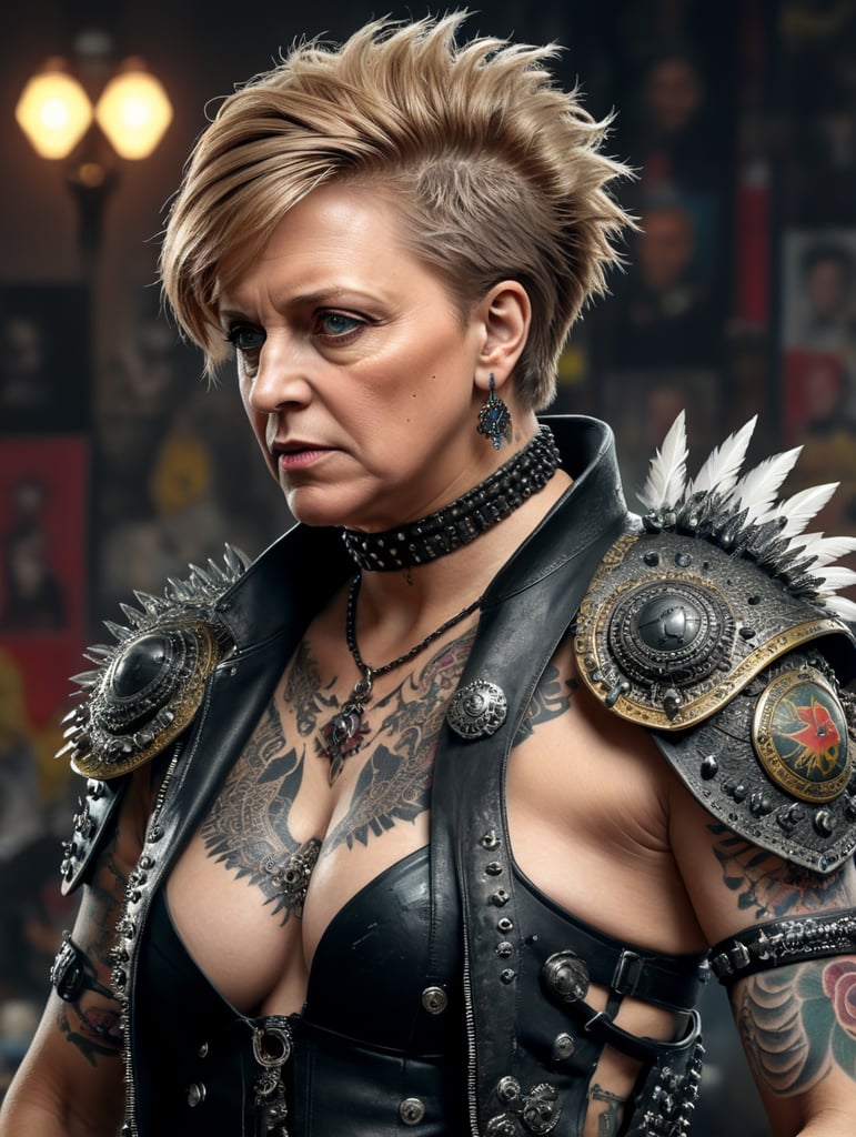 Angela Merkel as a punk rocker, mohawk, tattoos, piercing