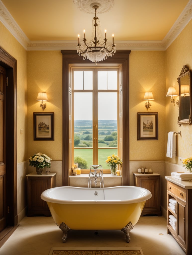 Bathtub in a bathroom of a romantic boutique hotel with yellow wallpaper overlooking the countryside