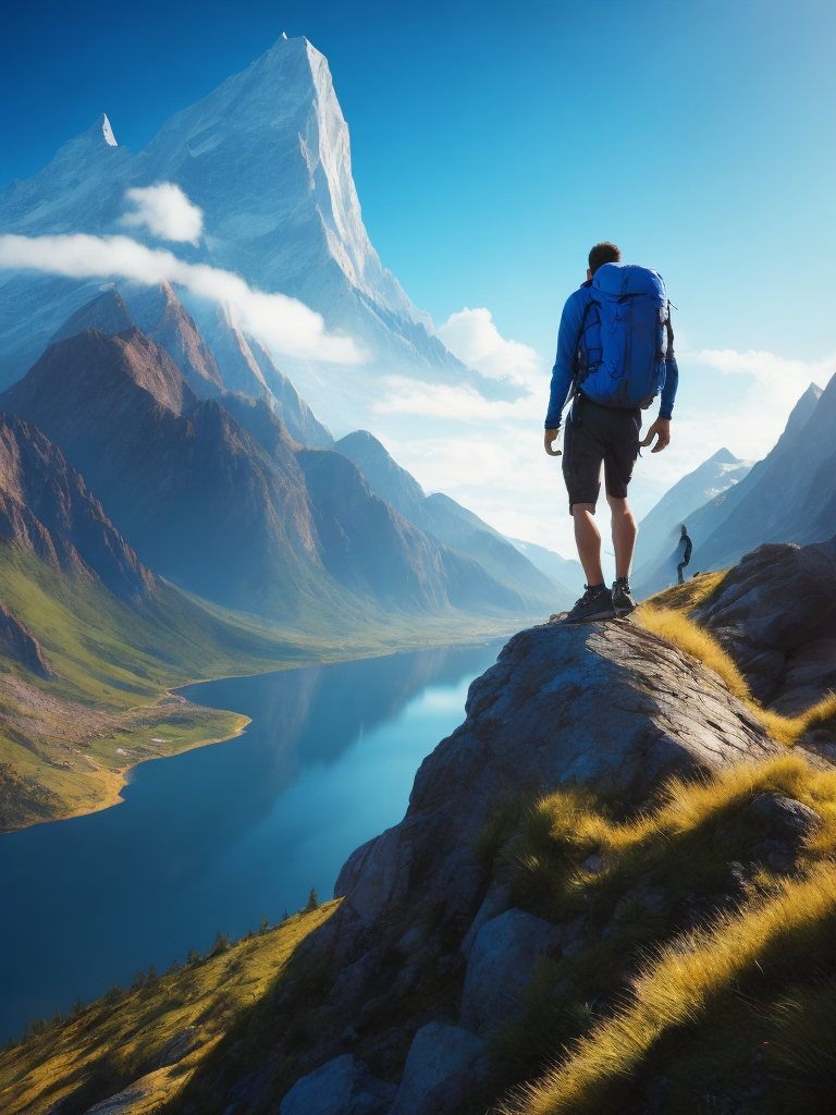 Man hiking in a mountain, brilliant blue sky, serene, peaceful, majestic, high detail, landscape, ultra hd, matte painting, highly detailed, concept art, contrast light, deep colors