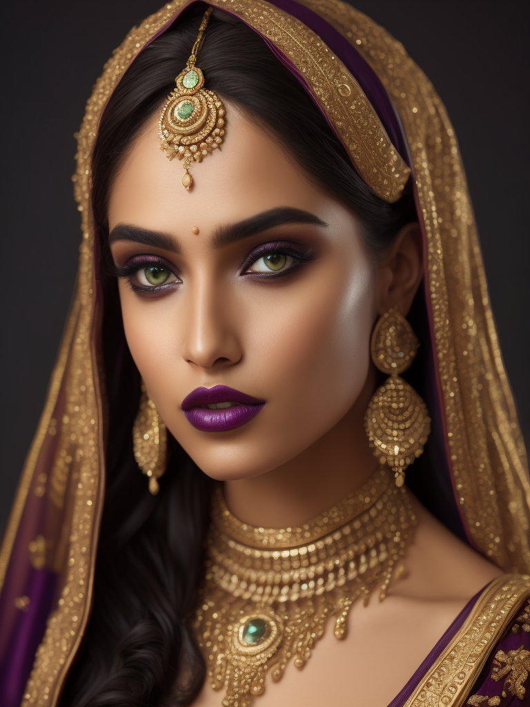 girl, North Indian type, beautiful purple sari, cat eye makeup, gold jewelry, long wavy brown hair, golden massive earrings with emeralds, green eyes, red lips.