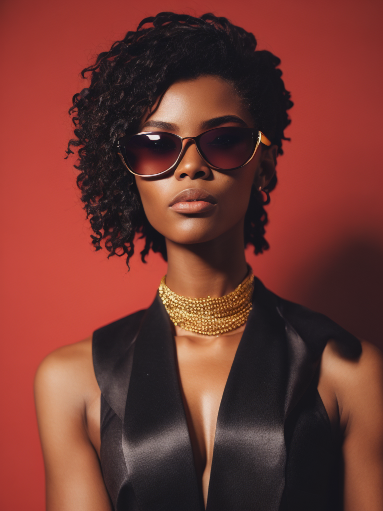 Black female model standing in waist-length black fluid, wearing black fashion dress, red lighting, black sunglasses, thick gold necklace around her neck, short haircut, red-orange background, fashion model, magazine cover, professional shot, magazine photography, bright saturated colors, sharp focus, highly detailed