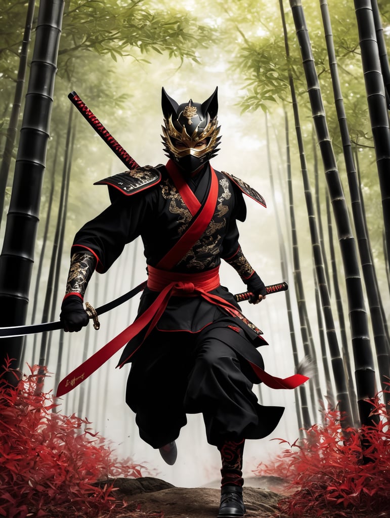 young fox, manga warrior, spiked hair, ninja black mask, black kimono with golden dragons, jumping in the air, twirling a samurai sword, dark bamboo forest, manga style drawing, white black and red colors, highly detailed, dramatic light