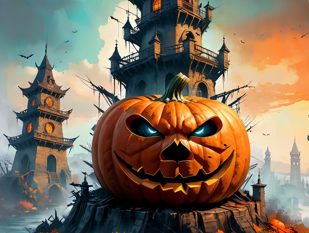 make me an art halloween theme park oil painting with scary large pumpkin on top of a tower