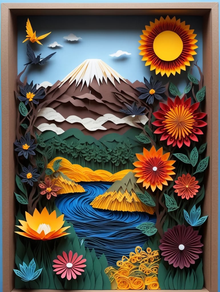 Papercut full color nature with mountain and the baeuty of lake and flower garden