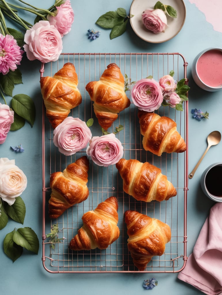 Cookbook photo, top - view, wire cooling rack, croissants, with a floral, allow, banner, pink and pastel blue, farmcore