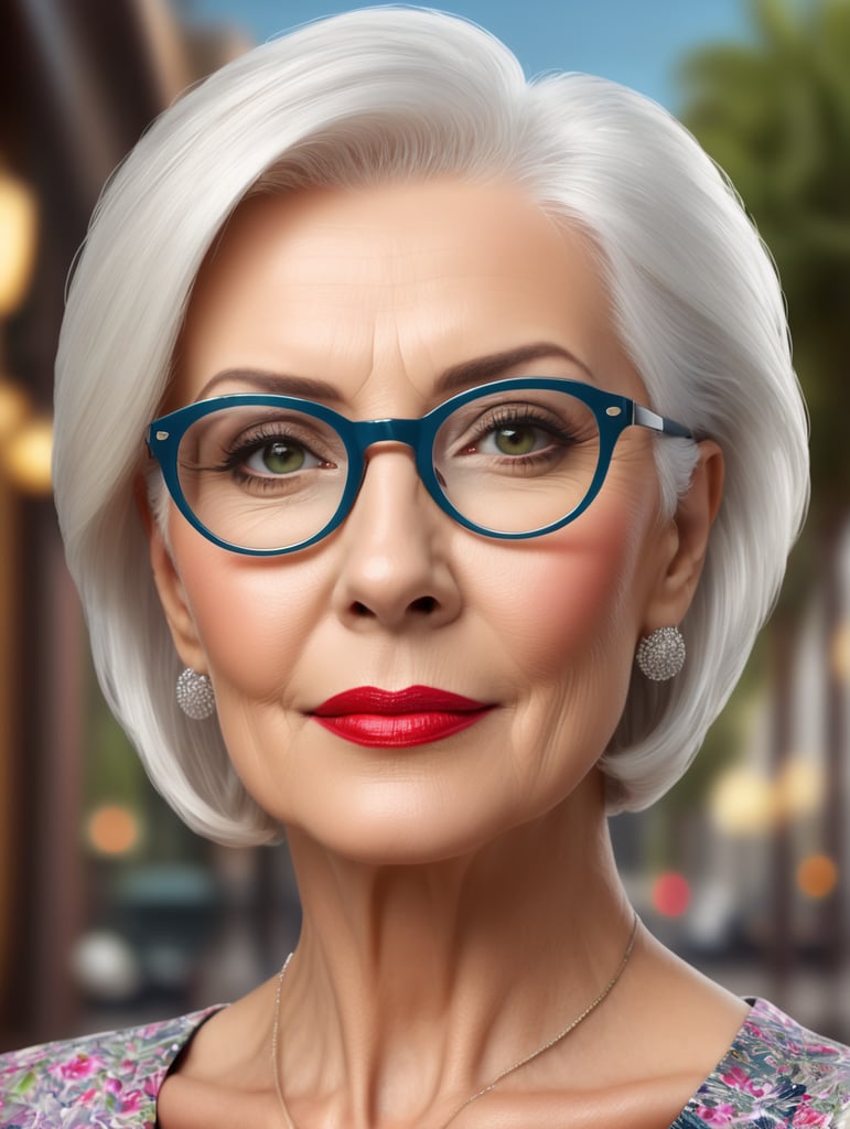 A portrait of a beautiful stylish older woman with white platinum short hair and big glasses, glamorous Hollywood portraits, highly realistic, daz3d, women designers, high resolution, very fashionable, colorful, dress as young woman