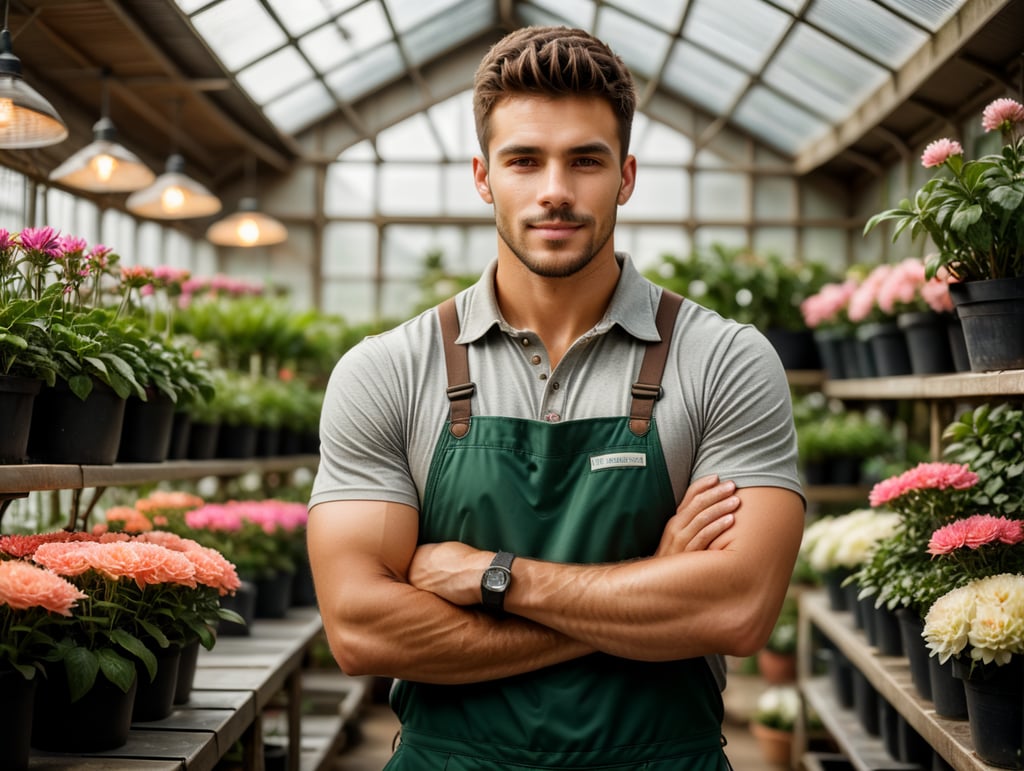 Realistic photography of a handsome young male florist gardener posing in greenhouse. Small business owner in flower shop