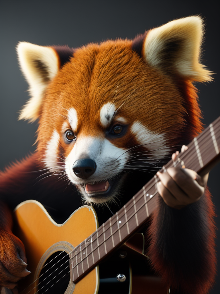 Red panda bear playing guitar, Vivid saturated colors, Contrast light, studio photo, professional photo, Detailed image, detailed face