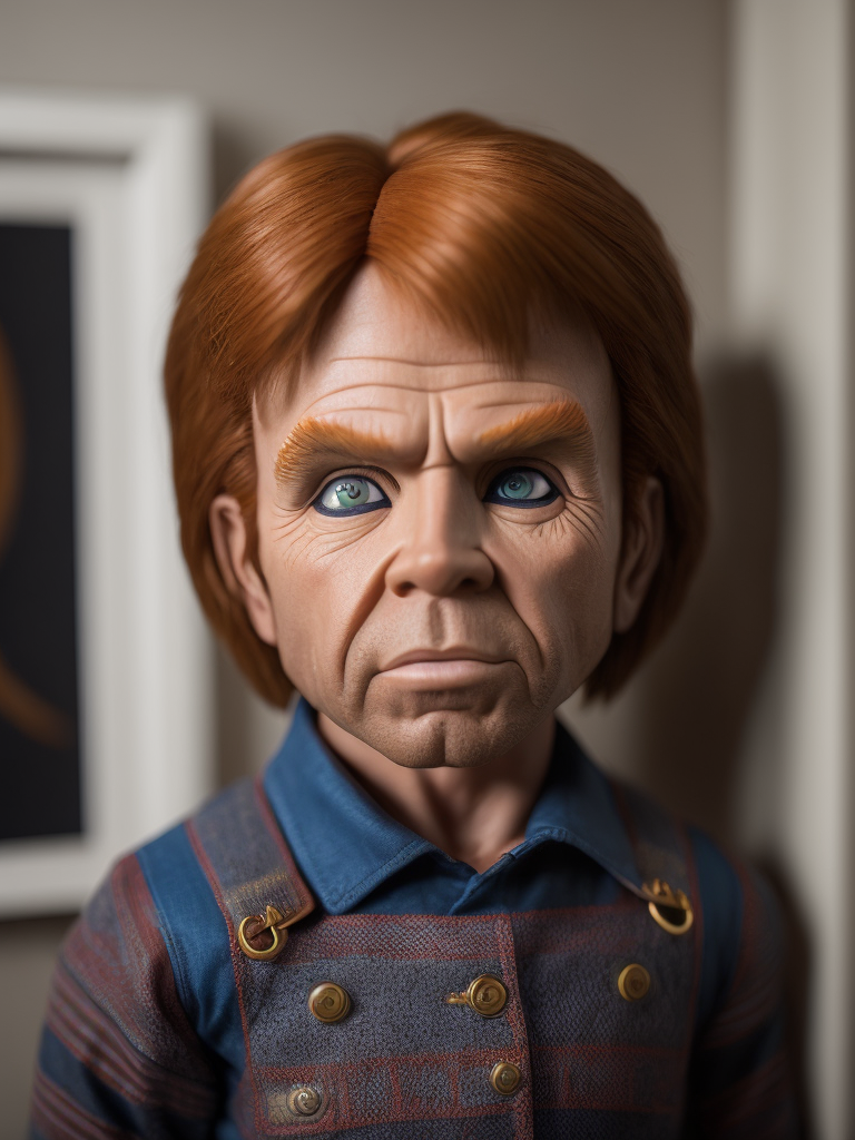 Chuck Norris as an evil Chucky doll, bright and saturated colors, detailed portrait, realistic style