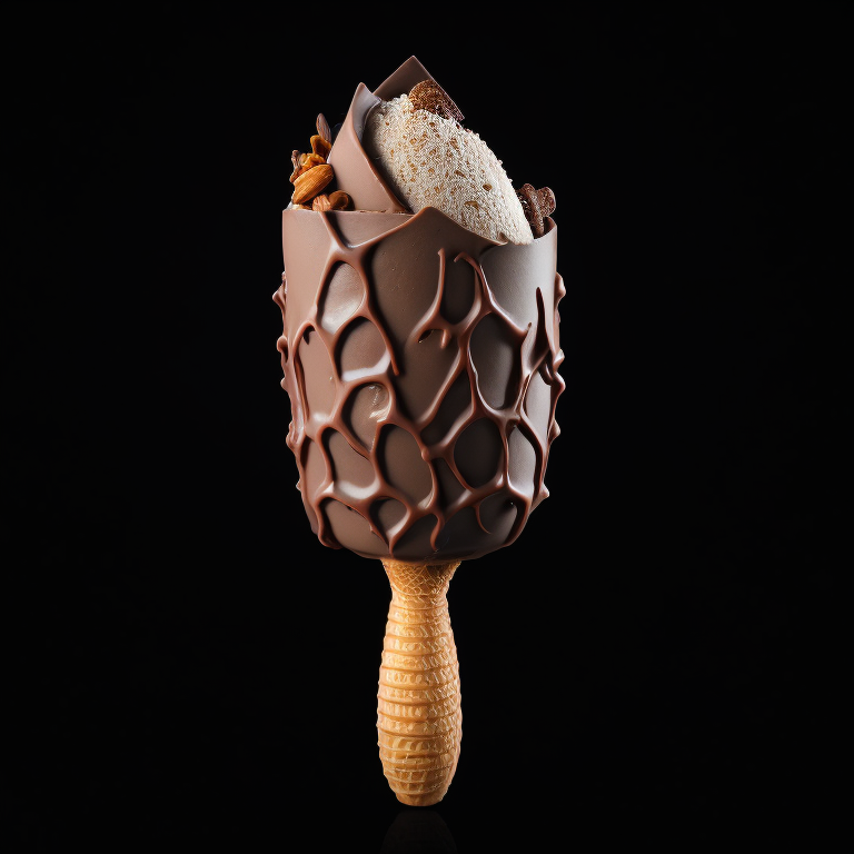 chocolate ice cream with nuts, deep atmosphere, focus on details, sharp on details