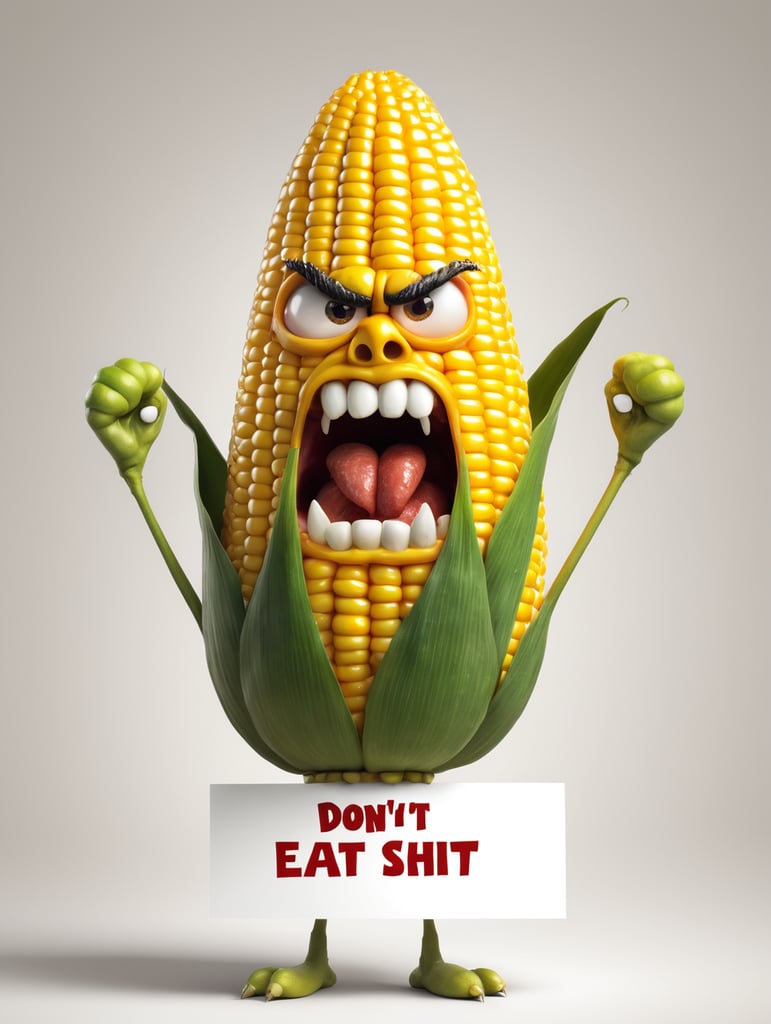 a realistic angry corn holding a sign "Don't eat Shit!", WHITE background