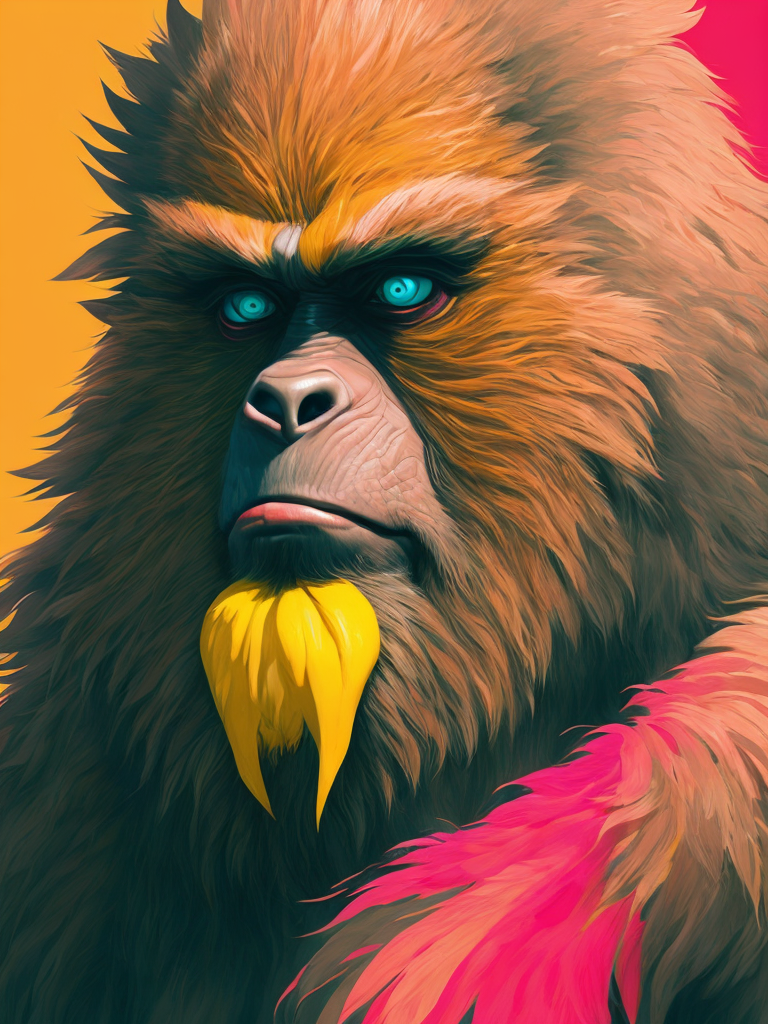 Very fluffy Bigfoot with one eye, yellow fluff, bright pink background