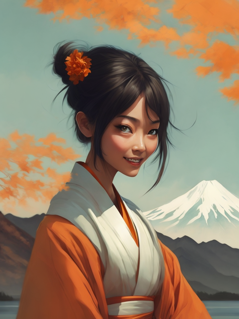 A cute and smiling Japanese girl in a white kimono, Mount Fuji in the distance. gentle watercolor style. clear, sharp and artistic high-resolution picture.