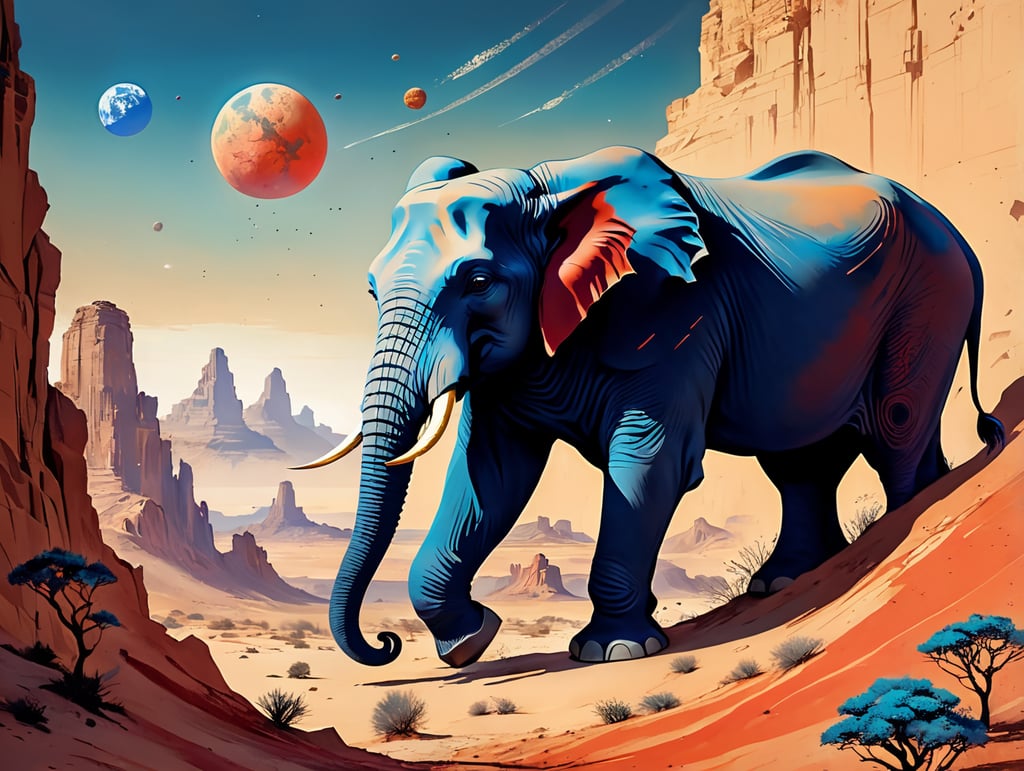 Красная роза в бежевой пустыне. Синие слоны. Сверху много планет и комета.