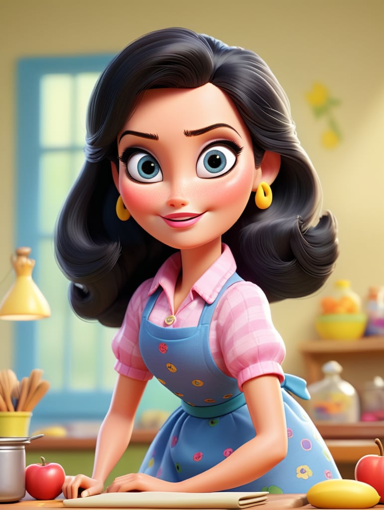 Drawing of an adult Barbie with a primary school teacher's apron, oval face with a thick body, white skin, straight black hair, black eyes