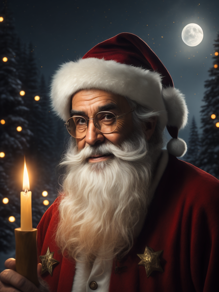Magical Santa Claus with a white beard, hat, and glasses smiling and looking directly at the camera. Santa Claus is holding a candelabrum that has a candle. The environment is magical we can see a magical enchanted Christmas forest at night with stars and a big moon in the background and it seems that candlelight illuminates Santa Claus's face. The photo is realistic and has a vintage style and a cinematic Pixar-style look.