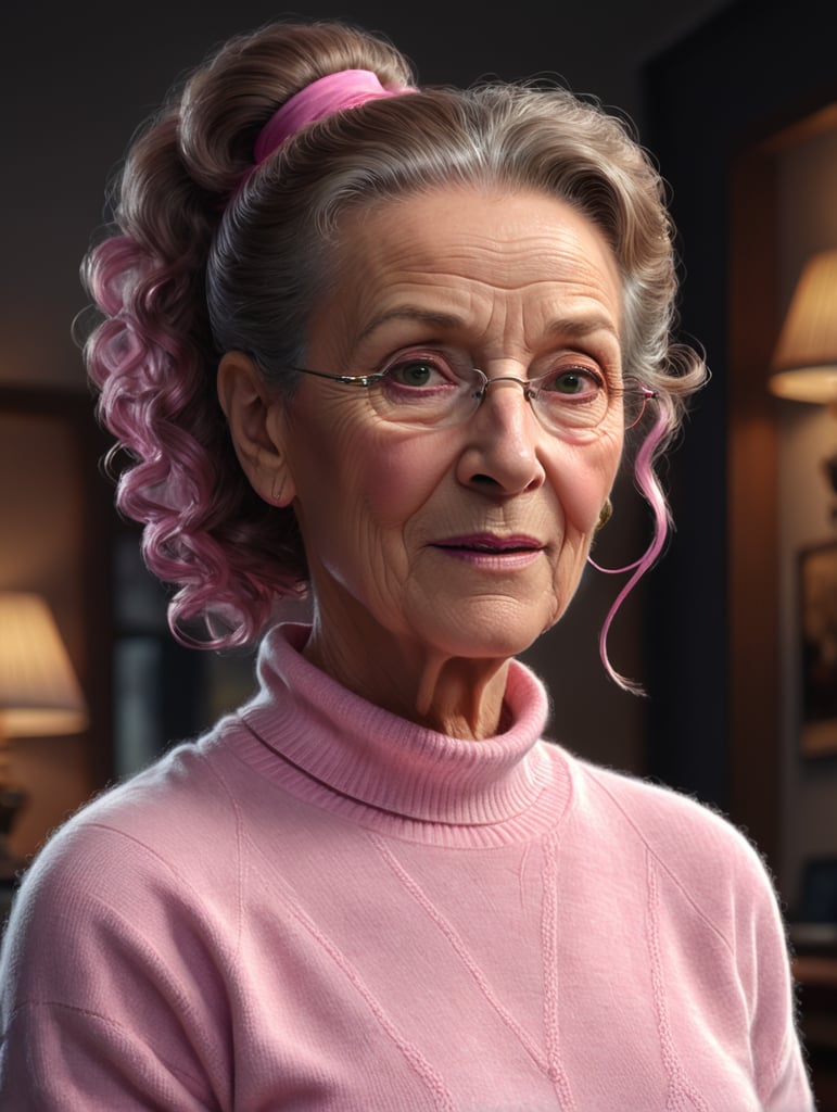 70 years old Geraldine James in a pink sweater, curly brown hair tied in a ponytail.