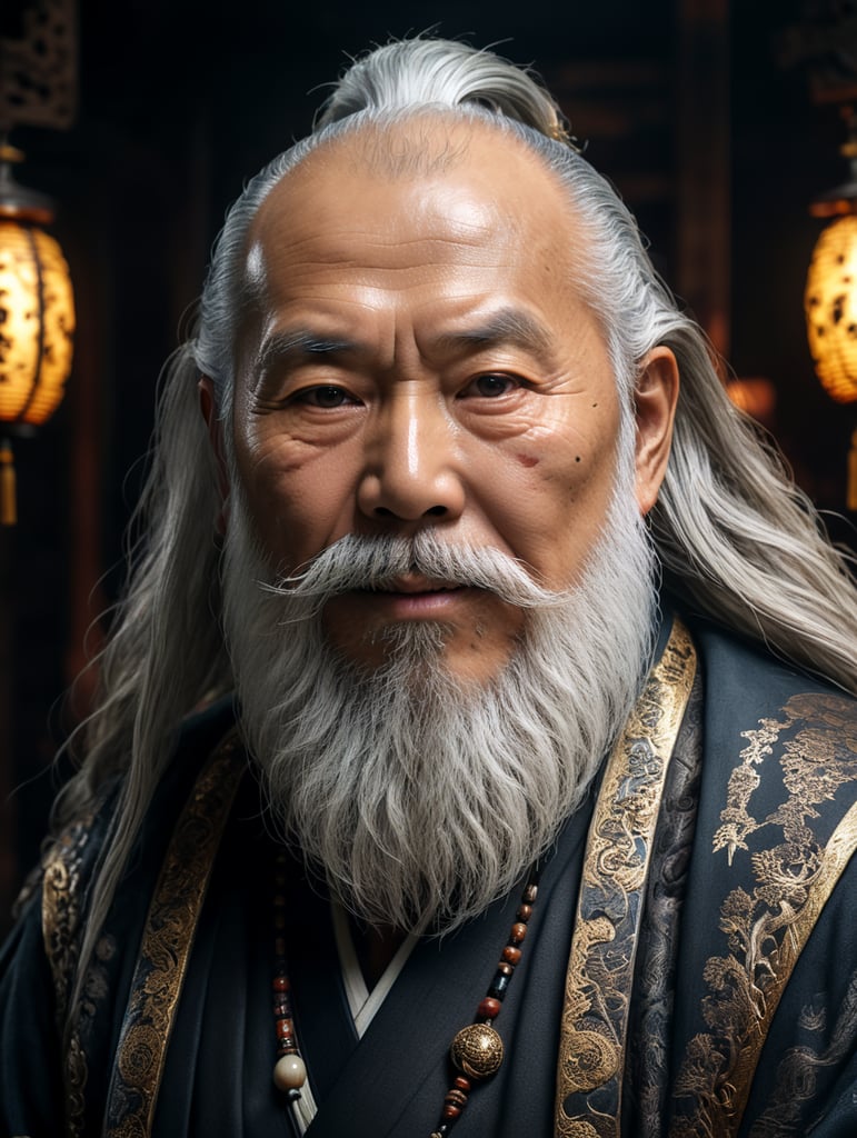 Wise old japanese man from tokyo with a long white beard, intricate, sharp focus, fantasy, cinematic lighting, otherworldly, surreal 8k photo, dark moody aesthetic