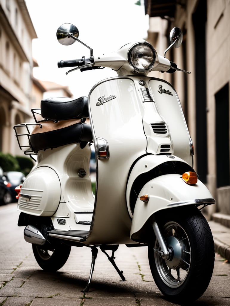 vintage white vespa, low angle view, isolated, white background, mockup