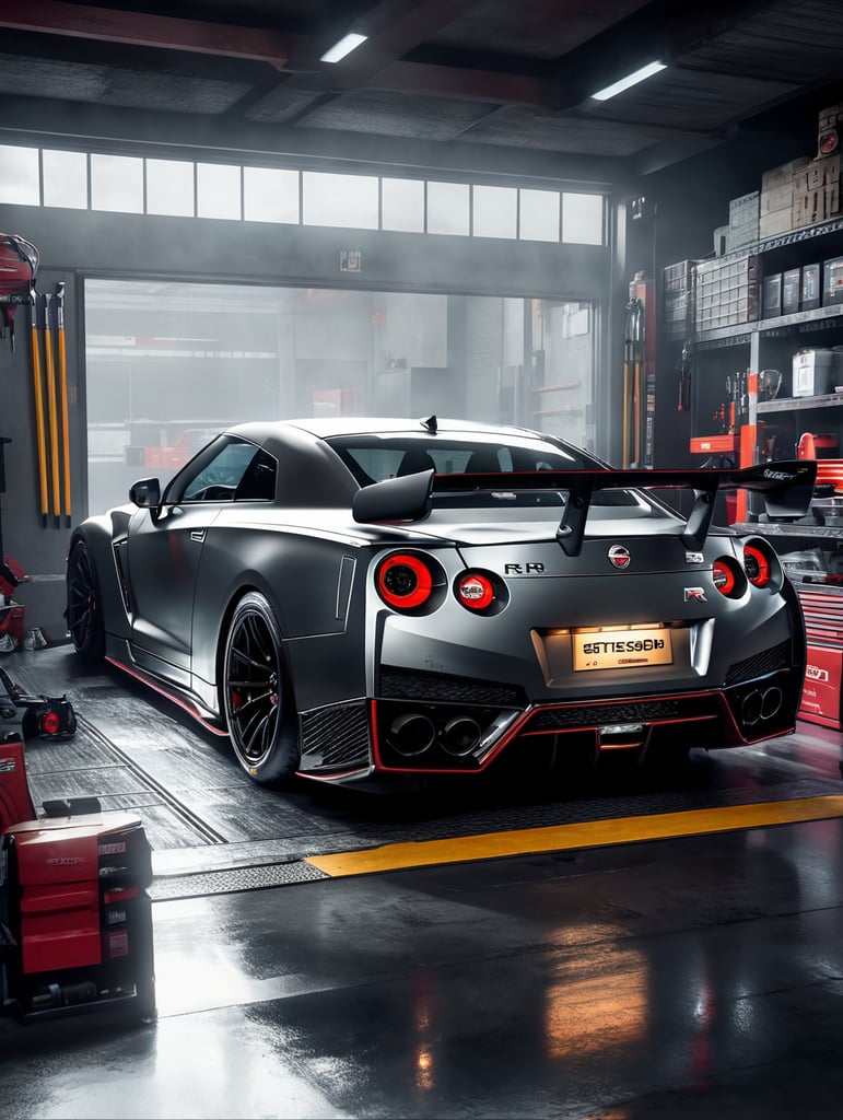 A video game visual, a futuristic Nissan GT-R Nismo inside a garage, must be visible the car is inside a garage, mechanic tools, clean image, Asphalt 9 Legends style, incredible graphics, 4