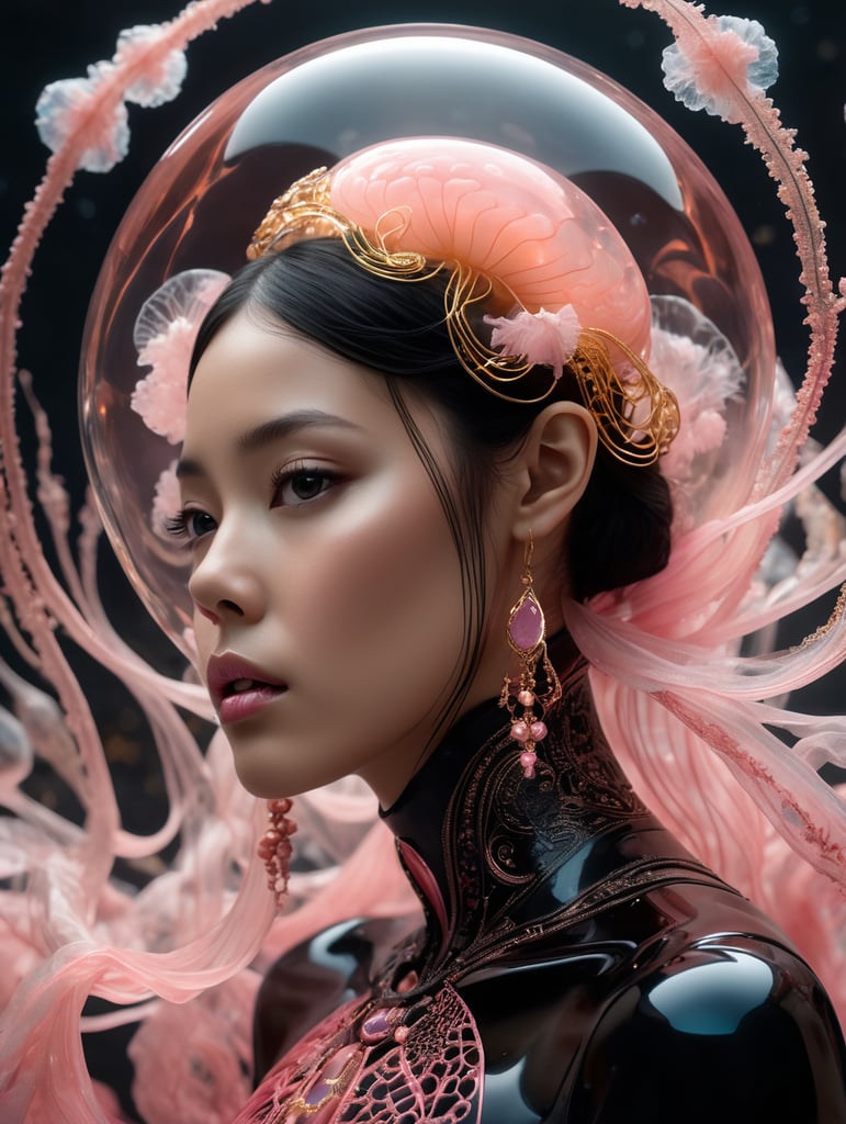 photo RAW, (Black and pink : a ghostly jellyfish, shiny aura, highly detailed, gold filigree, intricate motifs, organic tracery, by Android jones, Januz Miralles, Hikari Shimoda, glowing stardust by W. Zelmer, perfect composition, smooth, sharp focus, sparkling particles, lively coral reef background Realistic, realism, hd, 35mm photograph, 8k), masterpiece, award winning photography, natural light, perfect composition, high detail, hyper realistic