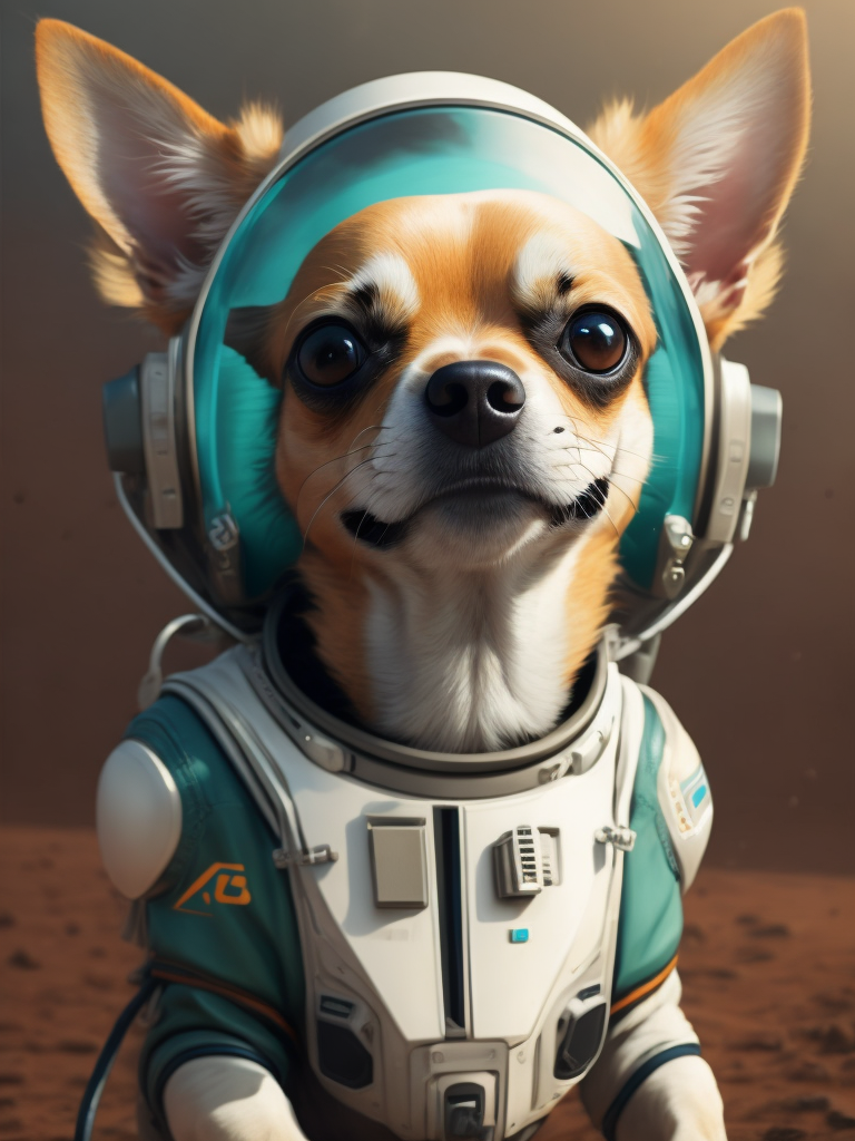A Chihuahua like a Rocket Raccoon from Guardians of the Galaxy wearing astronaut costume on the Mars