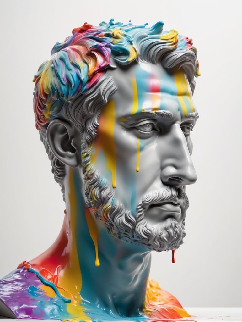 greek male bust with colorful paint, melted, the paint is flowing, aesthetic background