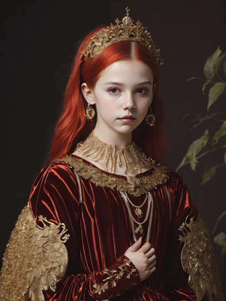 A young girl with golden wings in a red velvet dress with golden embroidery, beads, expensive lace, with red hair, jewelry from the 15th century in her hair, a dark background with trees and castles, the style of Lucas Cranach the Younger, medieval style