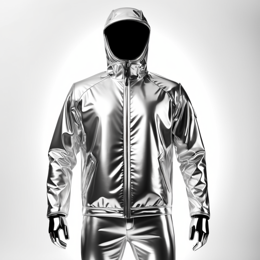 A realistic photo of a chrome shiny jacket on a invisible mannequin, coverall with reflective material, isolated, white background